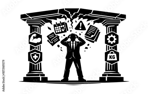 Stressed businessman under crumbling columns with falling documents and icons