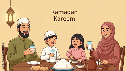 A family gathers around the table for a meal during Ramadan, celebrating togetherness and spirituality in a warm and inviting home environment from a front viewpoint.