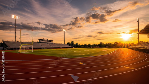 Curved running track and football field illuminated by bright stadium lights at sunset
