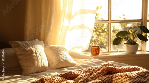 A cosy bedroom with fluffy pillows and a chunky knit throw.