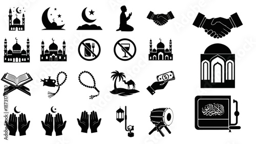 Collection of Islamic Icons and Symbols Representing Faith and Culture in Simple Illustrations