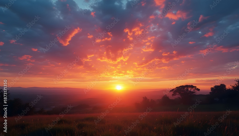 Fototapeta premium Dramatic sunset sky over rolling hills and landscape