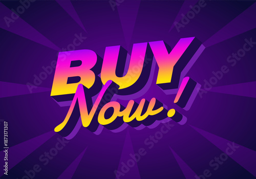 A vibrant graphic design featuring the text BUY Now! in bold, colorful typography against purple background with radial lines.