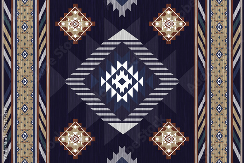 Detailed navy and brown native American style rug pattern with geometric shapes.