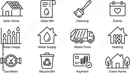 Smart home utility services line icons set for solar energy water management waste recycling payments sustainability vector illustration