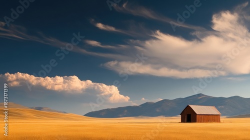 A vast empty field with a lone barn standing in the distance.