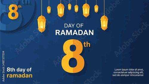 Celebrating the 8th day of Ramadan with hanging lanterns in a serene evening atmosphere