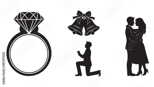 Engagement Ring Silhouette with Wedding Bells and Loving Couple in Romantic Silhouette for Wedding Invitation