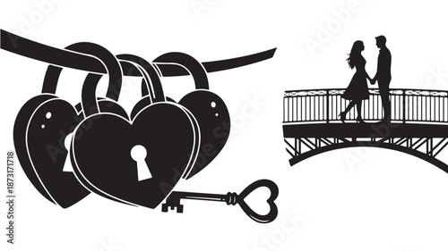 Couple in love silhouette with heart shaped locks and key in romantic mood with soft black and white lighting for valentines day greeting card