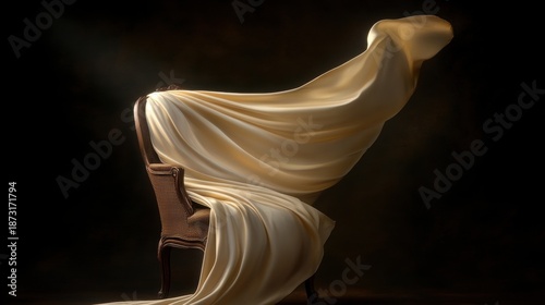 A flowing silk dress elegantly draped over a vintage armchair.