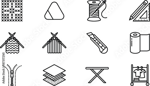 Sewing knitting and textile craft line icons set with patterns tools materials for handmade fashion design illustration vector outline minimal