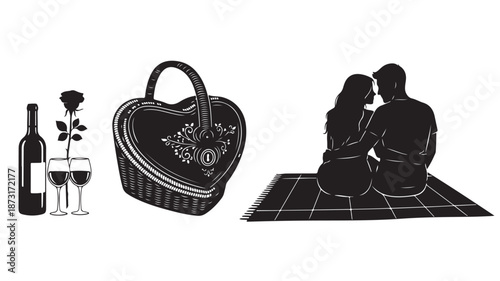 Couple in romantic picnic setup with wine and heart-shaped basket in black and white illustration for valentines day