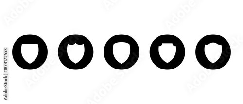 Solid shield icon set collection in black circle. Security, defense, and protection badge symbol