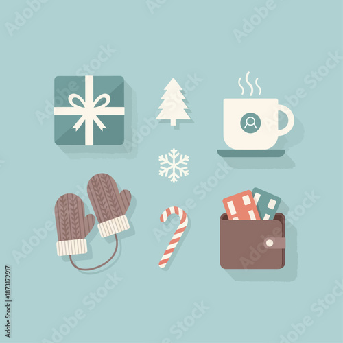A collection of flat design winter and holiday icons including a gift, tree, mug, mittens, candy cane, and wallet.