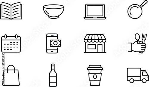 Restaurant service and food delivery line icon set featuring menu bowl laptop payment cafe coffee logistics symbols