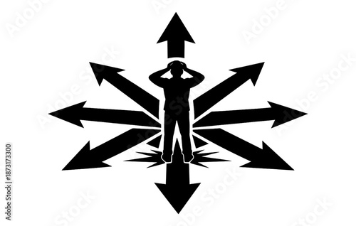 Silhouette of person in stressful decision-making with arrows pointing in multiple directions