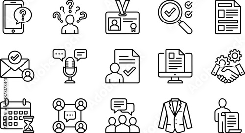 Recruitment communication line icons set for hiring verification interview collaboration documents business vector illustration outline design