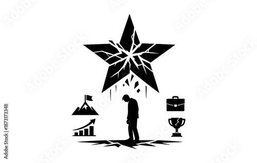 Silhouette of a sad businessman beneath a cracked star symbolizing career challenges