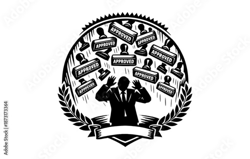 Silhouette of overwhelmed businessperson with approved stamps rainfall