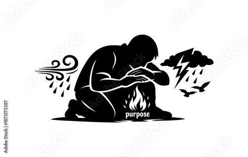 Silhouette of a man protecting flame of purpose amidst storm and birds