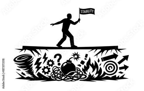 Silhouette of man balancing on tightrope over chaos holding stability flag