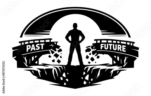 Silhouette of a person breaking through a bridge from past to future concept