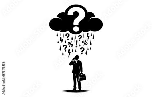 Silhouette of businessman under confusing cloud of uncertainty and questions