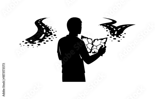 Silhouette of man holding map with diverging roads