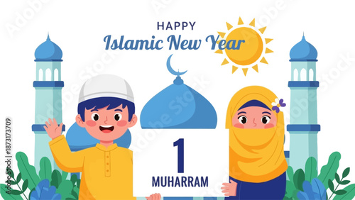 Children Celebrating Islamic New Year with Joy and Festivity near Mosques on Muharram