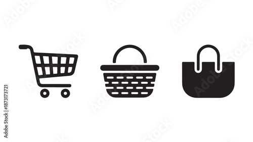 Shopping icons in minimalist style with black color on white background for e-commerce
