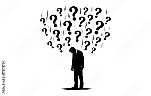 Silhouette of pensive male under question marks reflecting confusion and contemplation