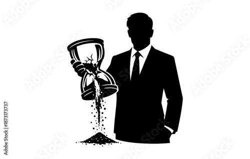Silhouette of businessman with broken hourglass and flowing sand
