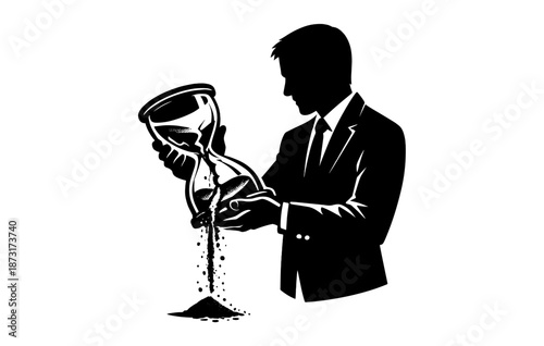 Silhouette of male figure in suit holding hourglass with flowing sand