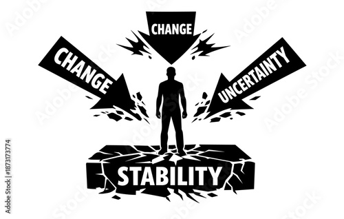 Silhouette of person standing on cracked stability platform with change and uncertainty arrows