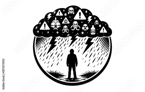 Silhouette male under storm cloud with danger symbols and lightning bolts
