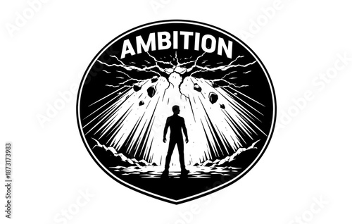 Silhouette of person facing explosive power with ambition emblem