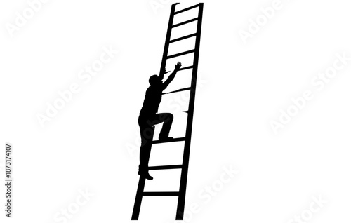Silhouette of person climbing ladder on white background