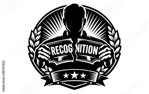 Silhouette male holding recognition sign with laurel wreath and stars