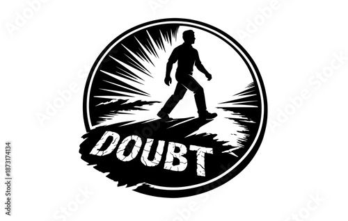 Silhouette of walking person with doubt text in black and white circle design