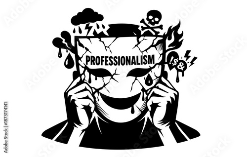 Cracked mask of professionalism symbolizing emotional turmoil and hidden struggles
