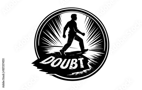 Silhouette of man walking over word 'doubt' in black and white emblem