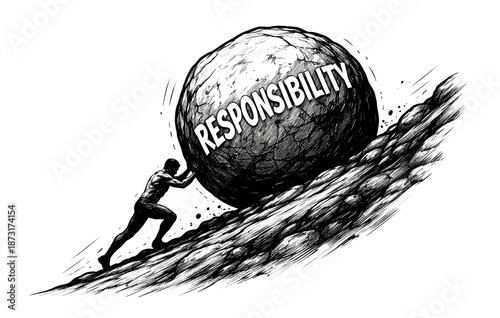 Man pushing responsibility boulder uphill depicting determination and struggle