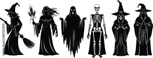 Halloween silhouette collection featuring scary witches with broomsticks, a ghostly spirit, creepy skeleton, and dark mystical hooded figures, vector set