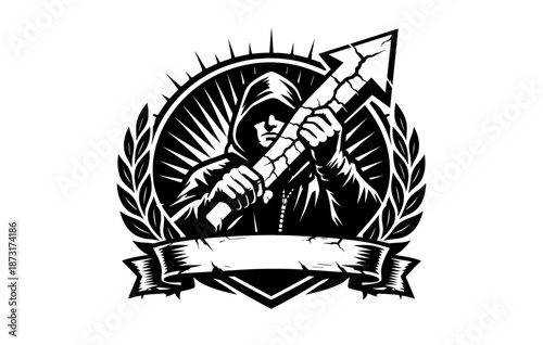 Hooded figure holding pierced arrow in monochrome emblem design