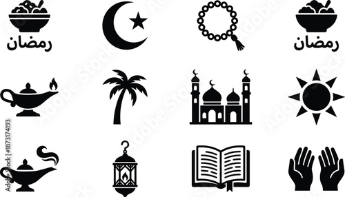Ramadan islamic icon set, crescent moon mosque lantern prayer hands quran dates iftar suhoor black silhouette vector illustration design symbols
