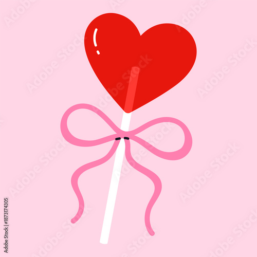Heart shaped lollipop with ribbon bow. Sweet romantic candy for Valentine’s Day and love celebration. Flat vector illustration. Isolated object on pink background