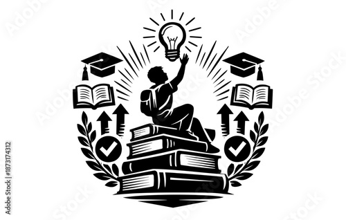 Silhouette of student reaching for light above books symbolizing education and achievement