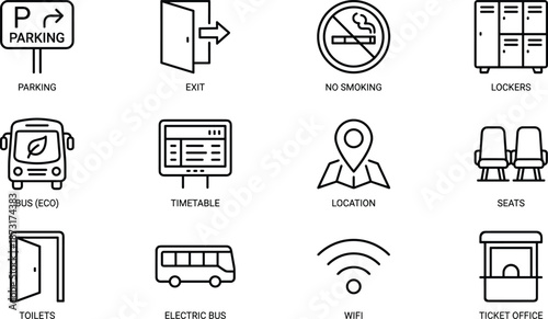 Public transport station icon set, parking exit no smoking lockers bus timetable location seats toilets wifi ticket office signage