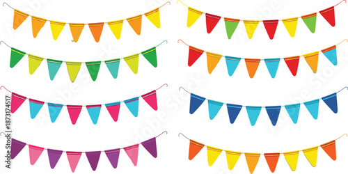 Set of colorful bunting flags and party garlands for birthday celebration event decoration carnival festival and anniversary isolated on white background