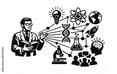 Scientist male presenting scientific concepts with icons of chemistry and physics